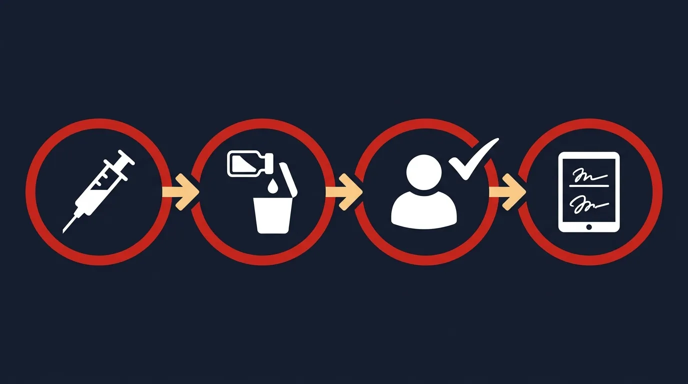 Four-step chain of custody diagram: a syringe for the dose given, a vial emptied into a waste container, a witness with a checkmark, and a tablet showing two signatures