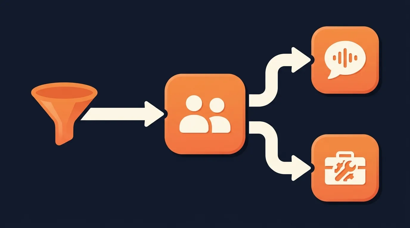 Flowchart with a funnel feeding a peer review group icon, which branches to a speech bubble for coaching and a toolbox for system fixes