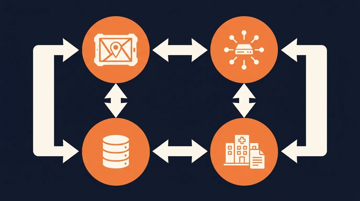 Diagram of four orange icons, a field tablet, a network hub, a hospital with a record, and a database, joined by two-way arrows in a loop