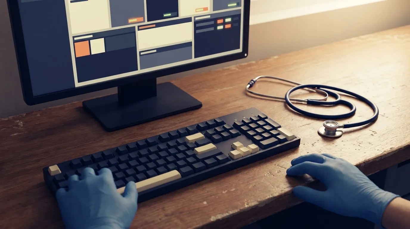 Gloved hands at a keyboard below a monitor showing a dashboard of colored status cards, with a stethoscope on the desk