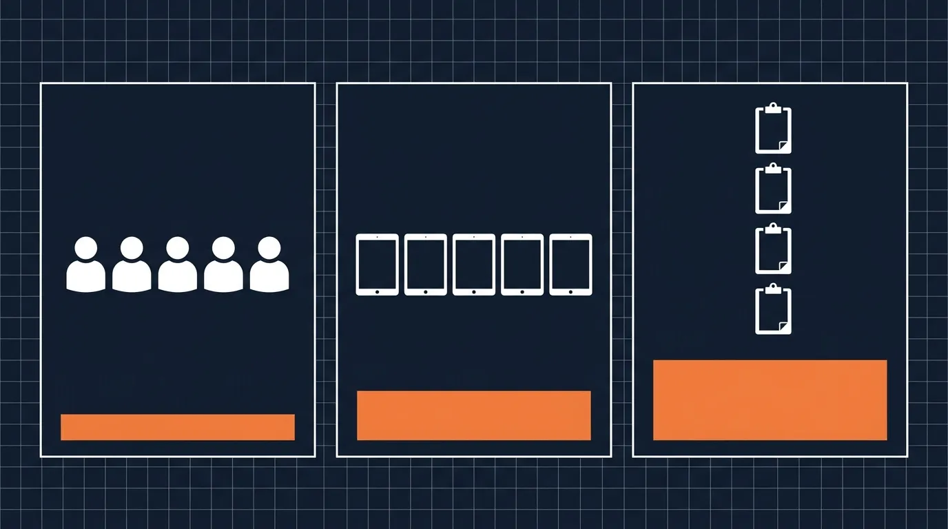 Diagram of three ePCR pricing models side by side: a panel of user icons for per-seat, a panel of tablet icons for per-device, and a panel of chart clipboard icons for per-tag, each with an orange cost bar