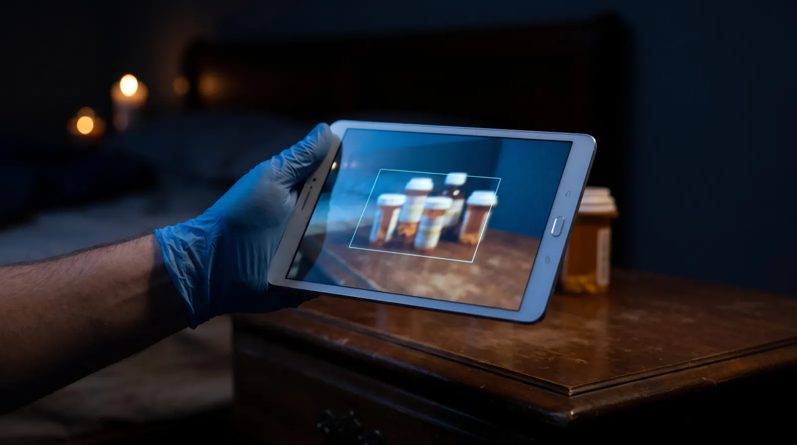 A hand in a blue nitrile glove holds a tablet over a bedside nightstand, its camera view framing a group of amber pill bottles