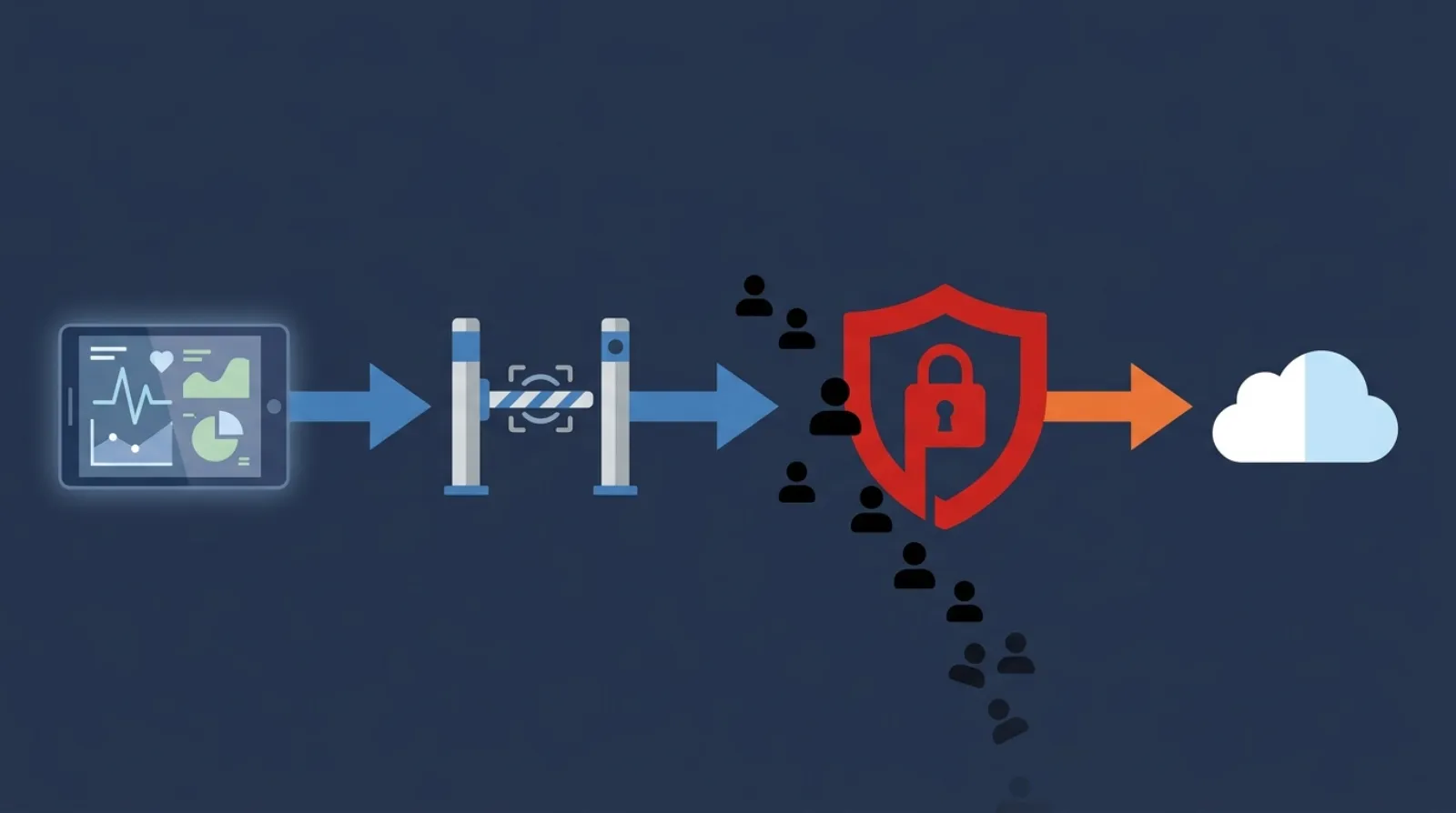 Flow diagram: a tablet showing a patient chart passes a checkpoint gate, then a red privacy shield that drops person icons away, before an orange arrow carries the record to a cloud representing NERIS