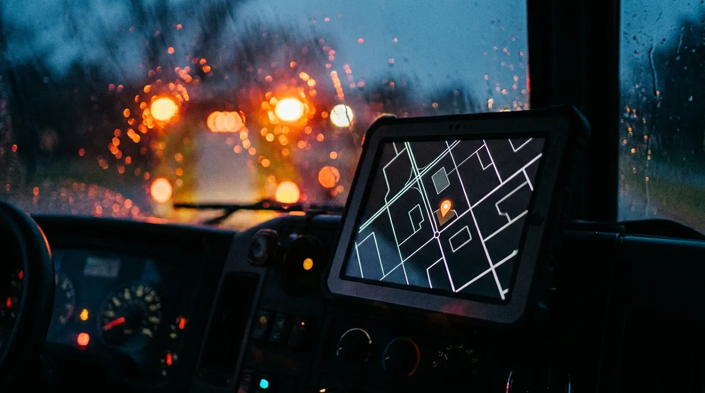 Rugged tablet mounted on a fire apparatus dash showing a simple street map with an orange location pin, with orange and red warning lights blurred on a rainy windshield