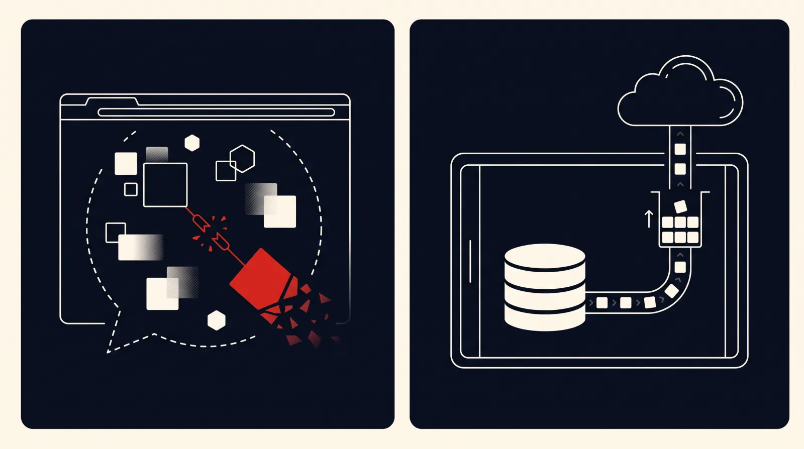 Two-panel diagram. Left: a browser window with data blocks floating loosely in a dashed bubble, one red block breaking apart at a snapped link. Right: a tablet with a database feeding a line of data blocks into a queue that rises to a cloud.