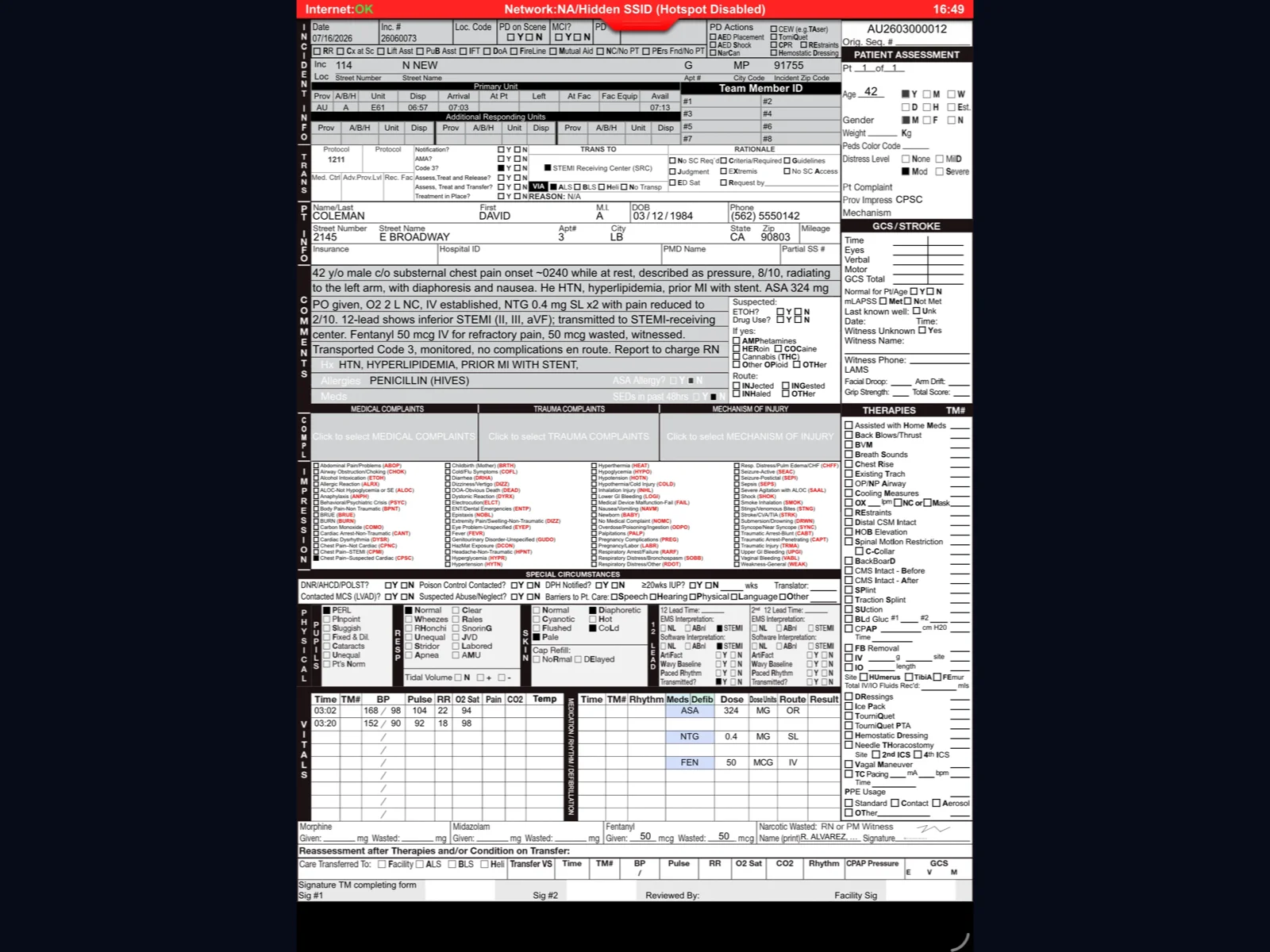 Medic Clipboard on iPad showing one full run form in paper-style blocks: incident times at the top, patient info and a typed narrative in the middle, assessment checkboxes, and vitals and medication rows at the bottom