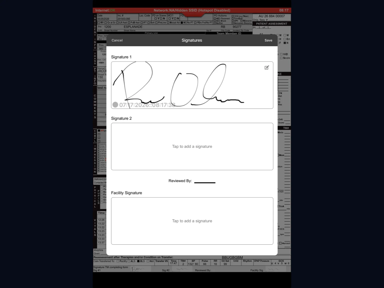 Medic Clipboard Signatures panel open over the run form on iPad, with a finger-drawn signature in Signature 1 and empty Signature 2 and Facility Signature boxes