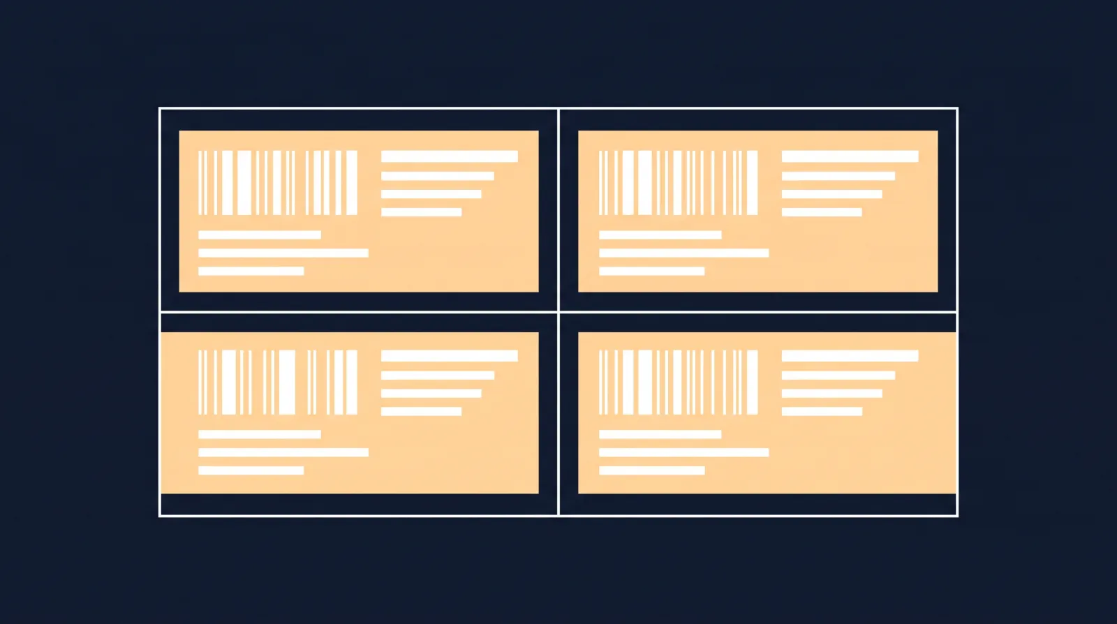 Simplified diagram of a blood bag label split into four gold blocks, each with an abstract barcode and placeholder lines, standing for donation number, blood group, product code and expiration