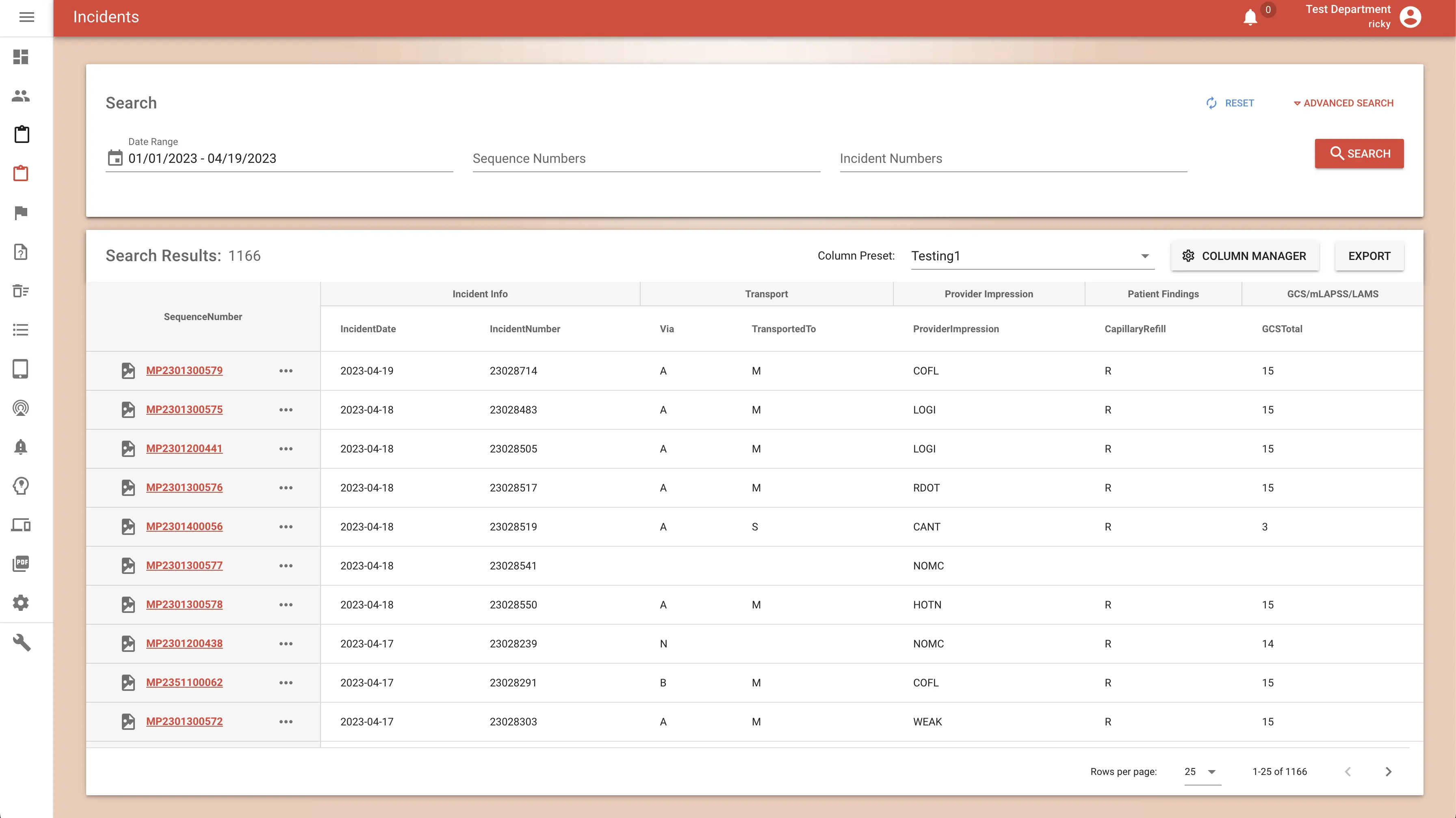 Incidents list with basic search by date, sequence, or incident number