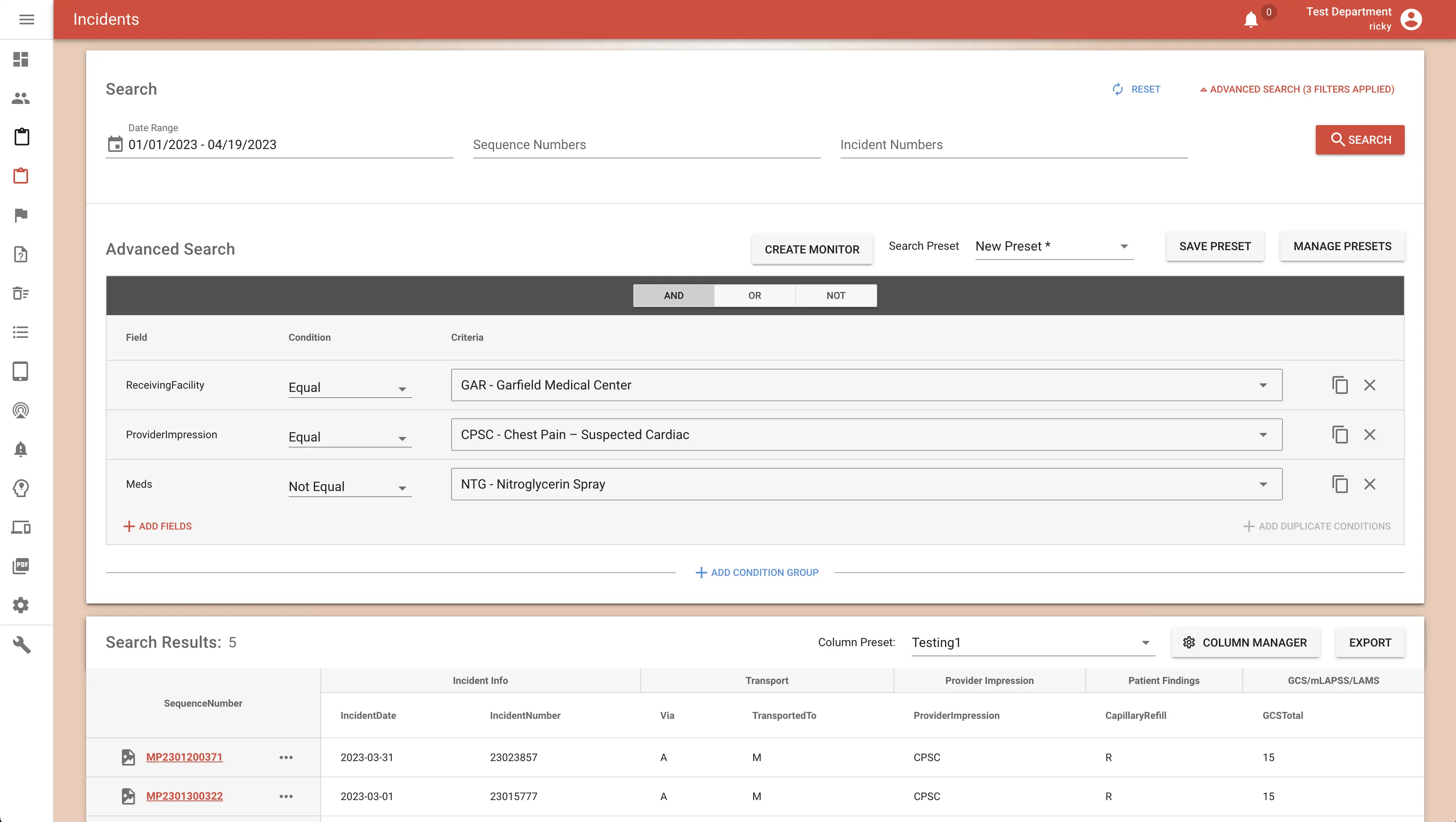 Advanced search condition builder with AND/OR/NOT operators