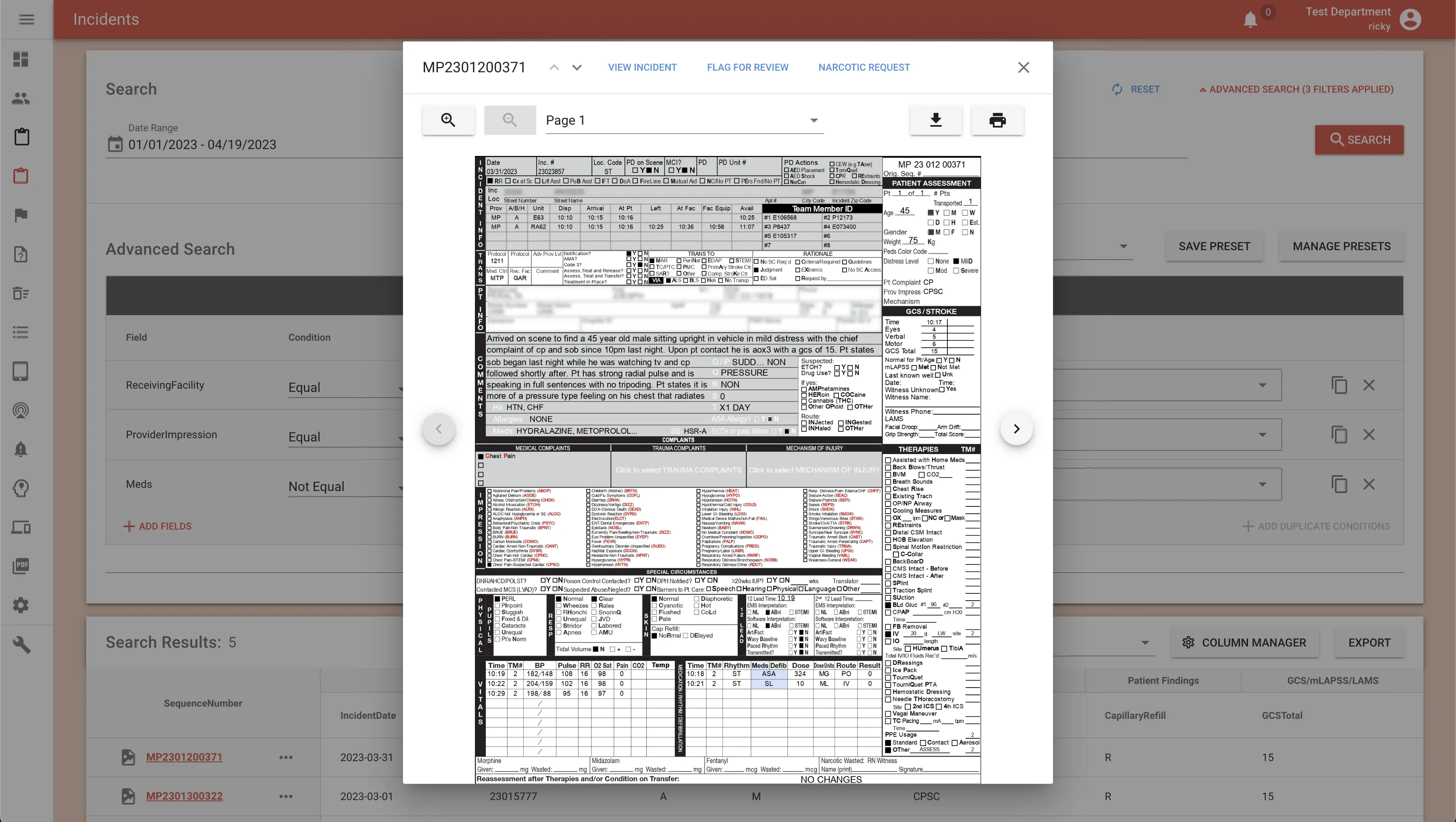 Report viewer showing the submitted report in its original ePCR format