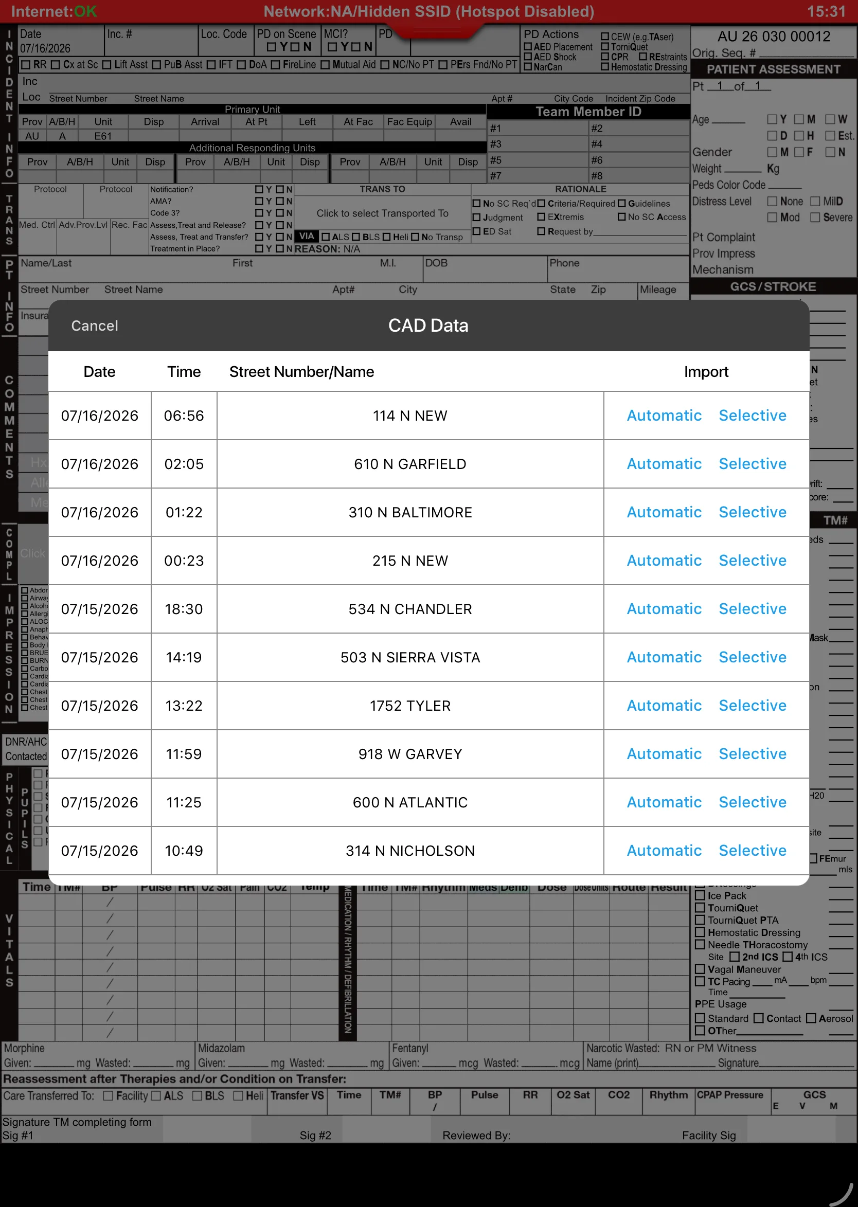 CAD Data list in Medic Clipboard with Automatic or Selective import per row