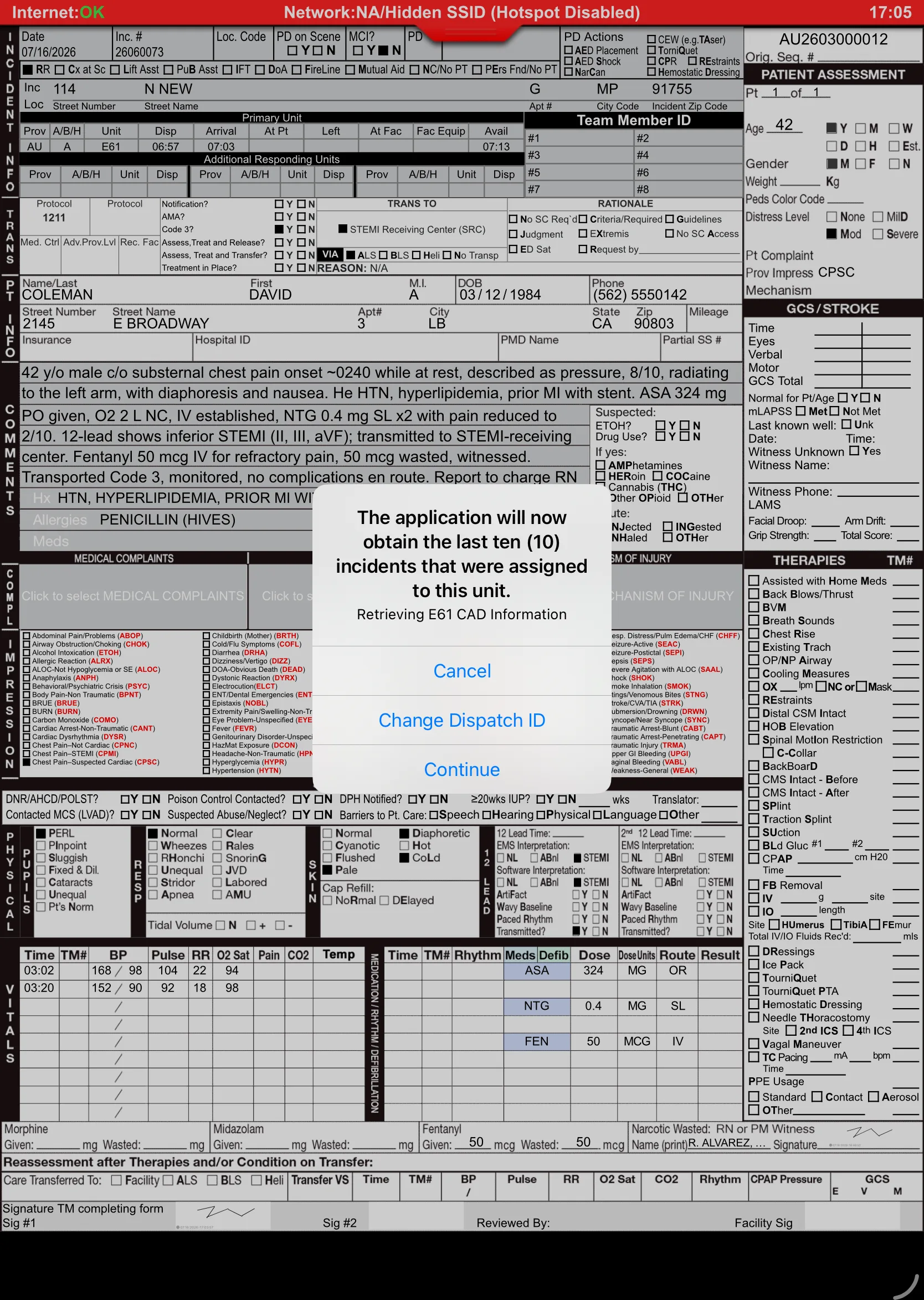 Retrieving E61 CAD information screen in Medic Clipboard