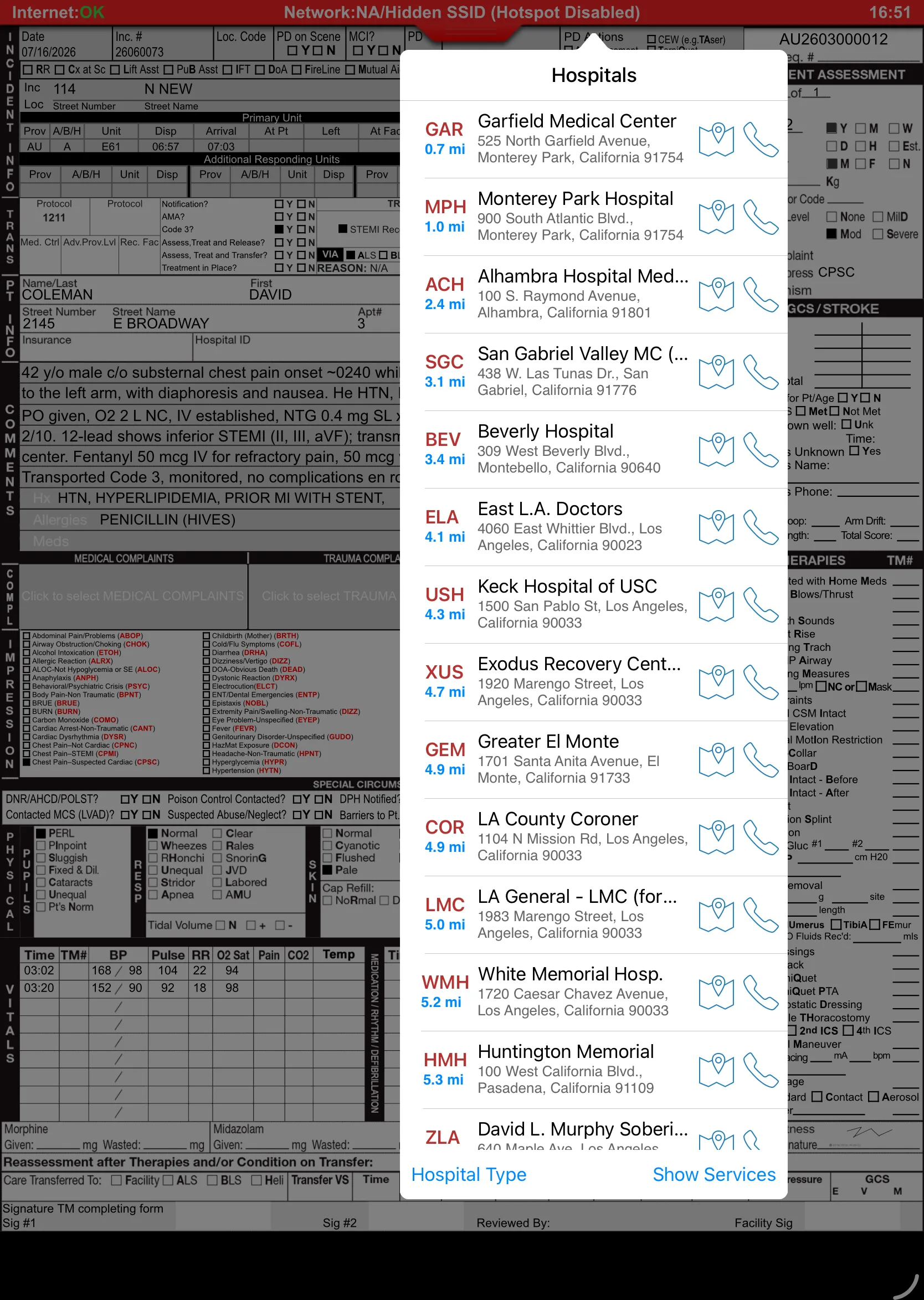 Hospitals list with distances in Medic Clipboard