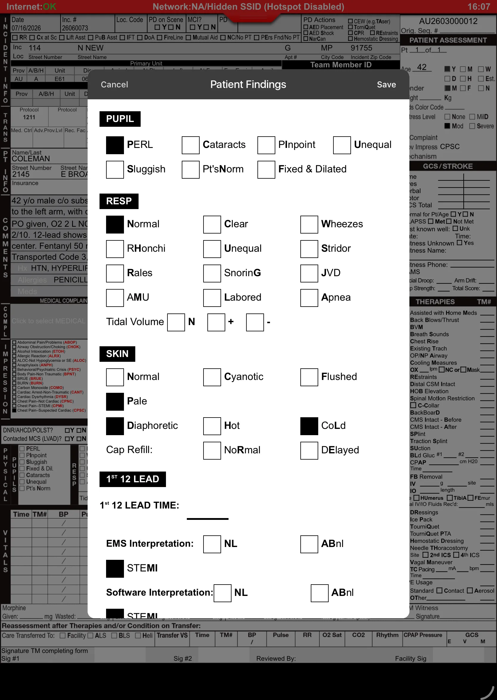 Patient findings screen — pupils, respiratory effort, skin, and 12-lead findings